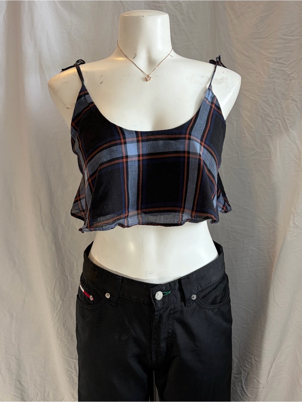 BDG Black and Gray Plaid Crop Top with Orange Accents